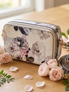 Love & Lore| Floral Ivory Double-Zip Crossbody Bag w/Blush & Lilac Floral Print